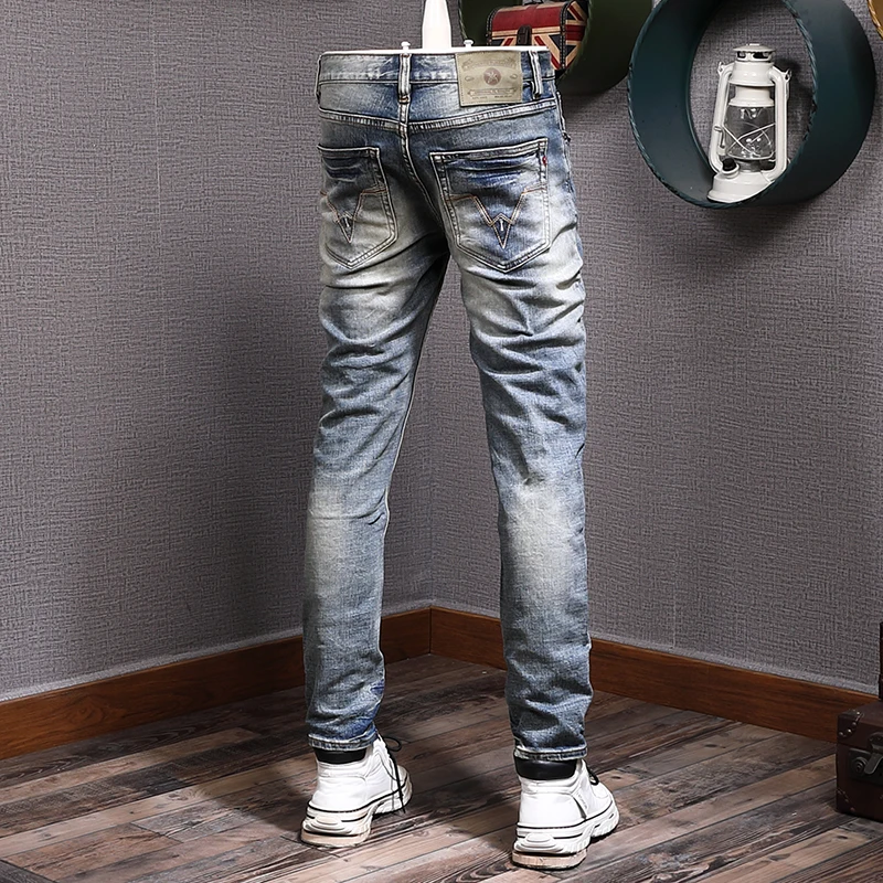 Newly Fashion Designer Men Jeans Retro Blue Elastic Slim Fit Destroyed Hole Ripped Jeans Men Patched Vintage Denim Pants Hombre