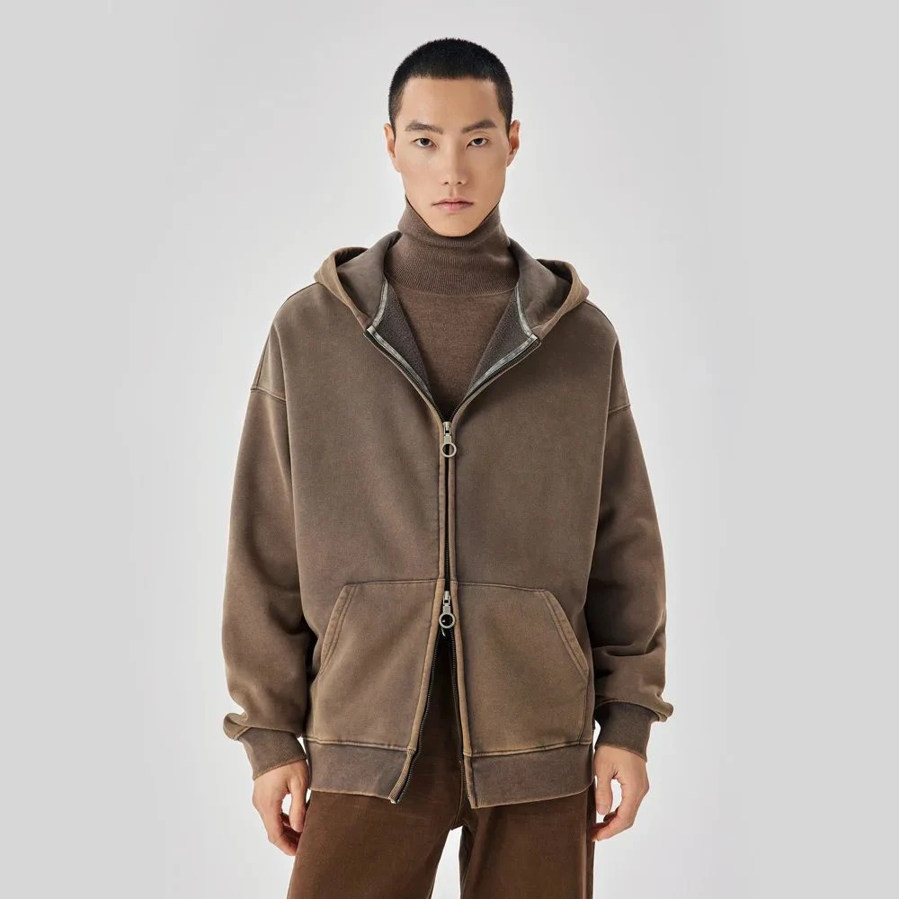 Jaqueta Masculina de Moletom com Capuz, Estilo Vintage Lavado, Tamanhos Grandes, Solta e Casual, para Outono Inverno, Streetwear Cityboy, Casaco de Ag