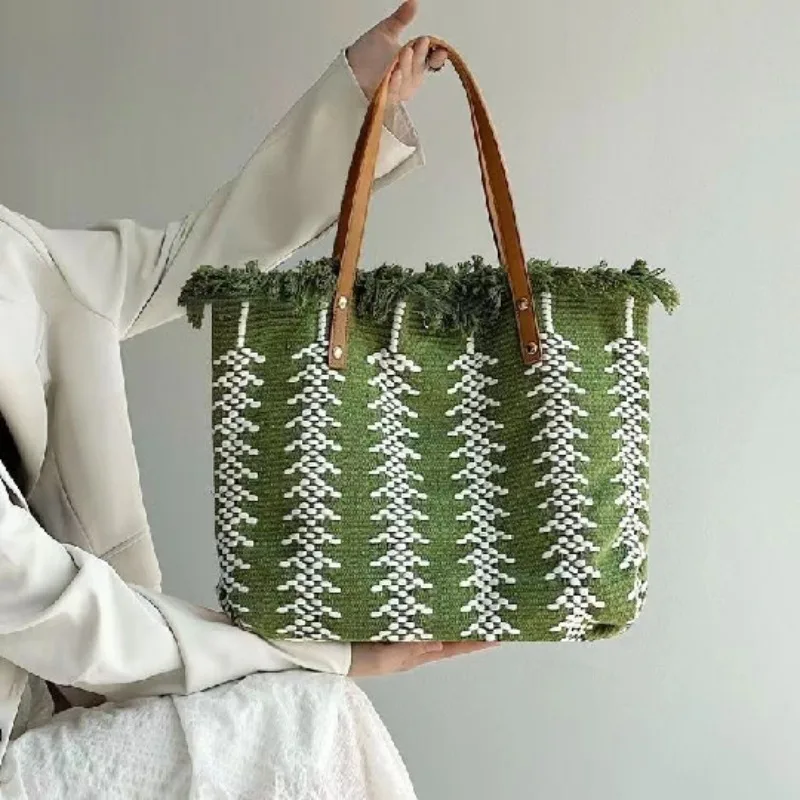 شيك سميكة قماش حمل حقيبة سعة كبيرة حقيبة يد الطالب المرأة المنسوجة حقائب كتف السيدات أنيق شرابة حقائب التسوق #2