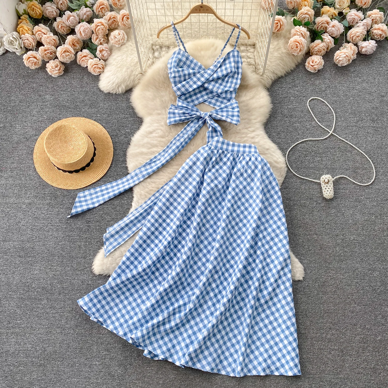 Chic Sexy sweet Plaid sleeveless backless Criss-Cross Elegant French Fashion Beach Casual Summer Women Two Piece Set