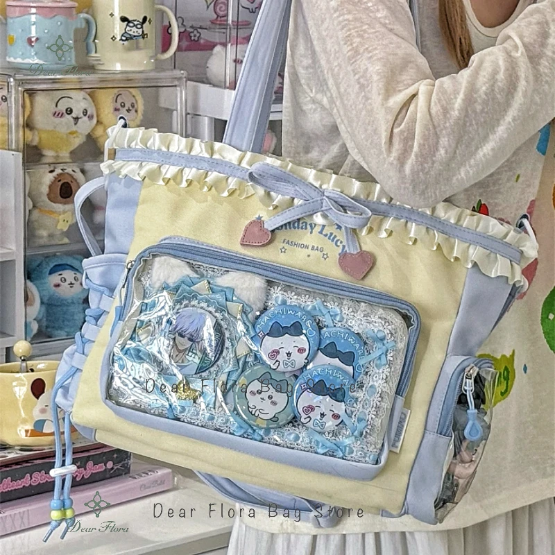 

New Y2k Sweet Shoulder Bag Lolita Girl Transparent Tote Bag Women Large Capacity Lace Bow Crossbody Bag Cute DIY Display Handbag