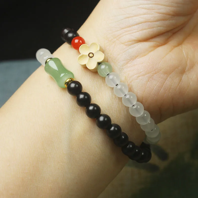 Ebony 6mm Double Ring Plum Beads Bracelet Green Bamboo Joint Bracelet Rosary Wooden Cultural Artifact