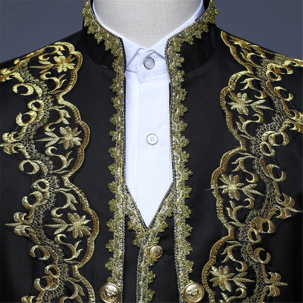 Vintage Men Appliqued 3-piece Suit Black and Gold Stage Stylish White Theater Gala Evening Jacket