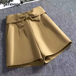 Women Fashion Bow High Waist Chic Elegant Suit Short Pants 2023 Summer Office Lady Solid Pleated A-line Shorts Pantalones Cortos