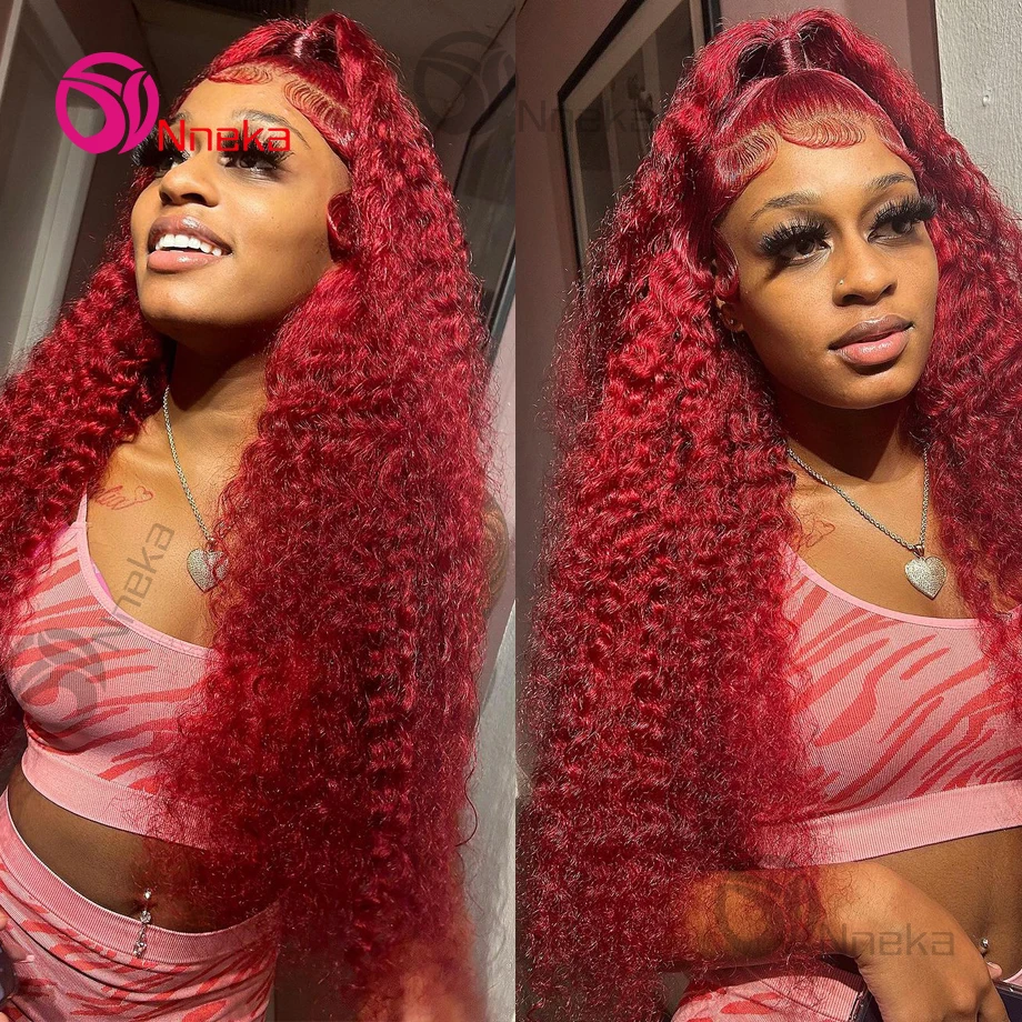 Burgundy 13x6 Hd Lace Frontal Human Hair Wig Deep Wave Curly Human Hair Wigs Water Wave Colored 99j Red 30 Inch Lace Front Wig image 3