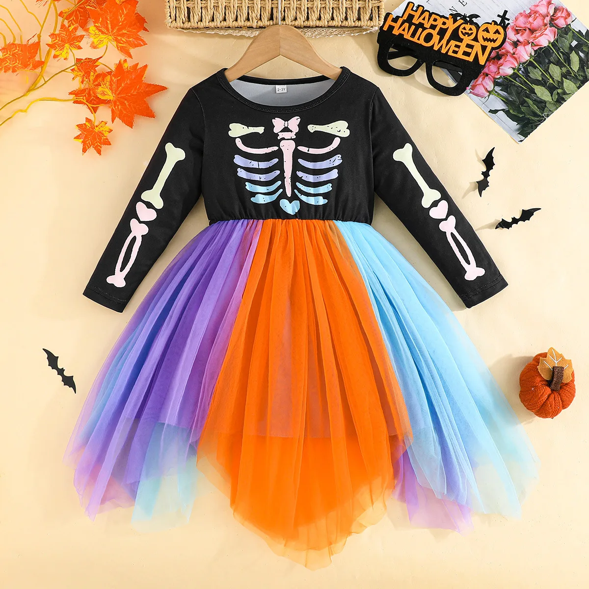 

Halloween Toddler Girls Dresses Long Sleeve Witch Dress Rainbow Skeleton Print Clothes Children Cosplay Party Dress for 2-7Y