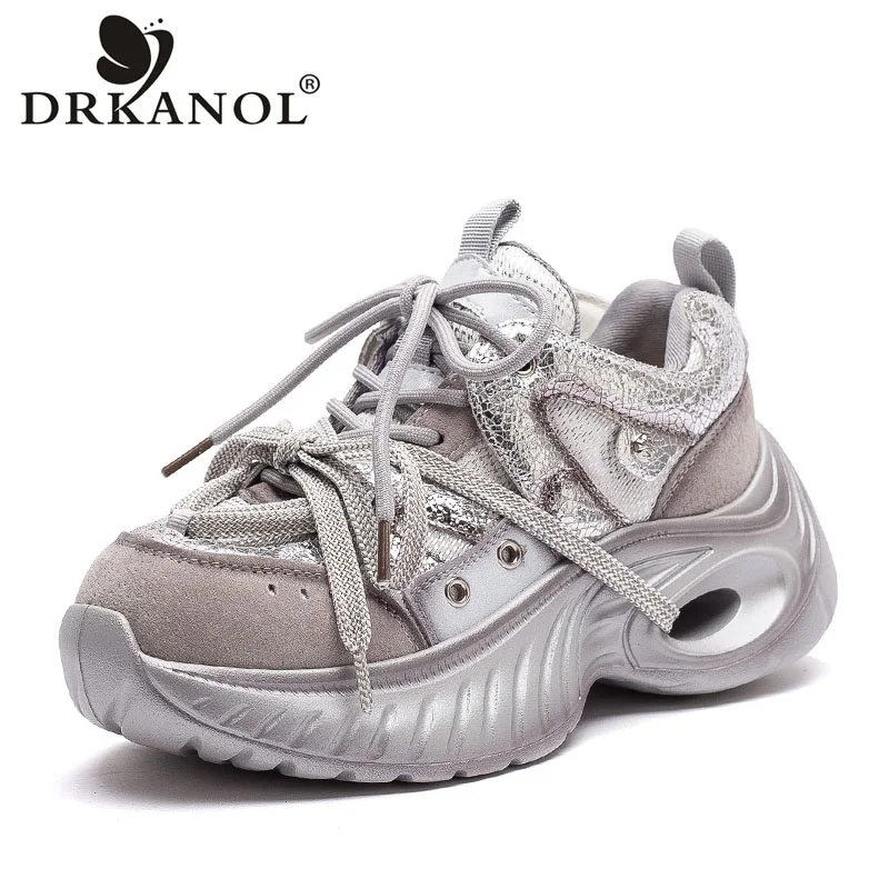 DRKANOL 2026 Women Dad Shoes Genuine Leather Casual Sneakers Ladies Chunky Platform Lace-Up Mixed Colors Height Increasing Shoes