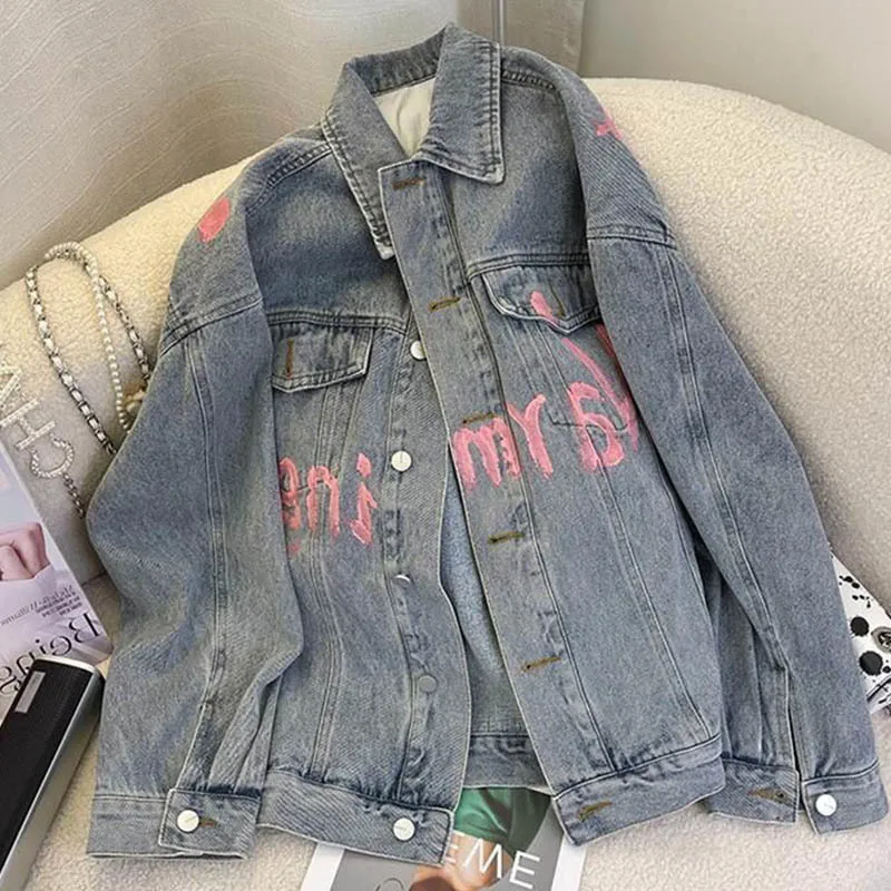 

Spring Autumn Women's Letter Printed Denim Jacket Design Sense Loose Cowboy Long Sleeved Jacket Coat