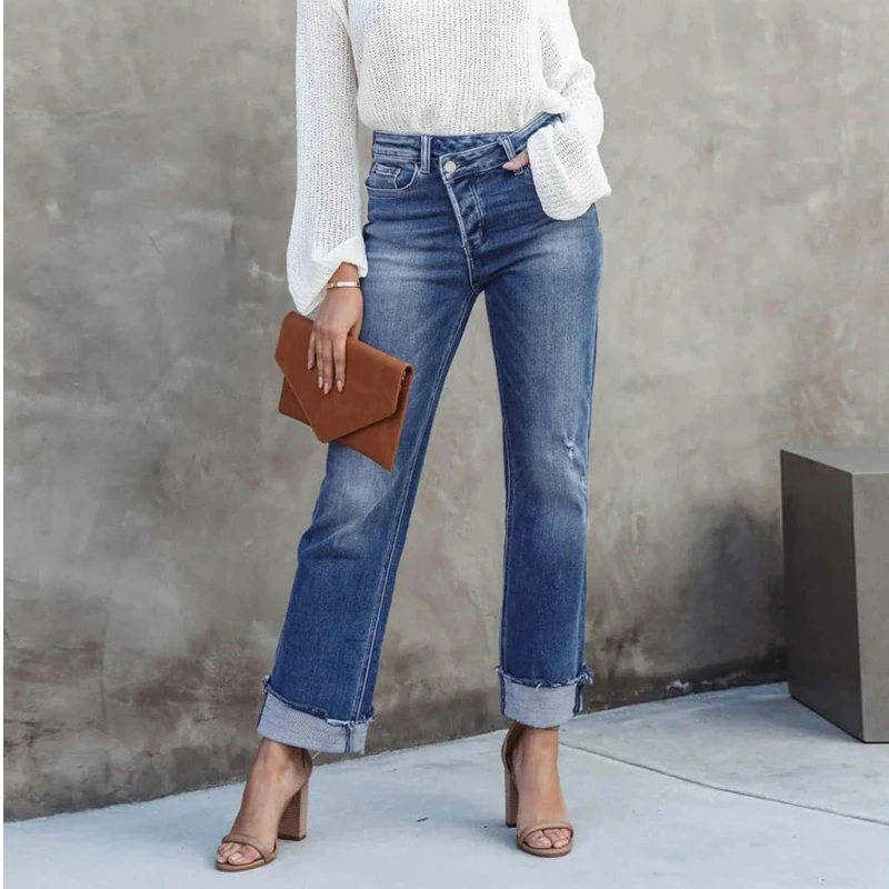 Damskie spodnie Y2k, modne jeansy z wysokim stanem, podarte, z efektem krzyżowania i elastycznym krojem, luźne jeansy.