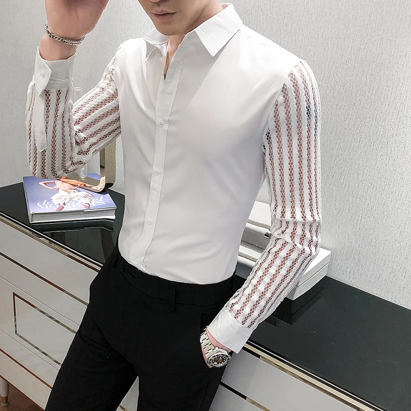 2023 Brand Clothing Men\'s Summer Casual Long Sleeve Shirts/Male Spring Slim Fit Lace Hollow out Casual Shirts Plus Size S-4XL