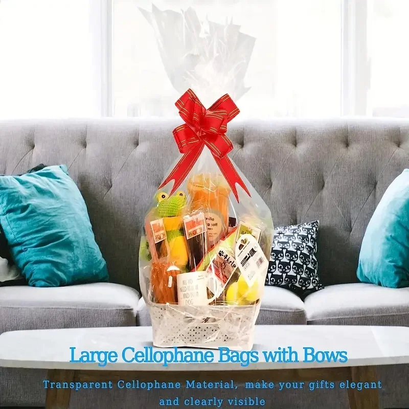 Bolsa grande de celofán transparente de 20/50 piezas con lazo para cesta y papel de regalo decoración navideña