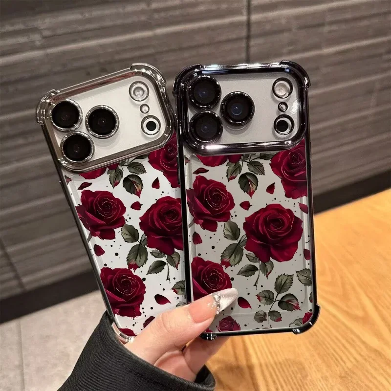 Dark Red Wild Rose Plating Case For Samsung Galaxy S26 S25 S24 S23 Plus Ultra FE A27 A56 A26 A07 A36 A55 A35 Luxury Clear Cover