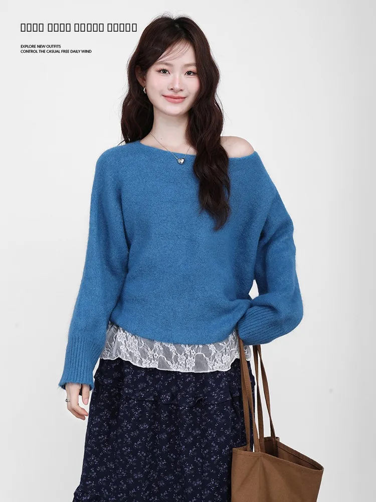 

Свободный женский вязаный свитер с открытыми плечами, повседневный, с длинными рукавами, синего цвета, для осенне-зимнего сезона