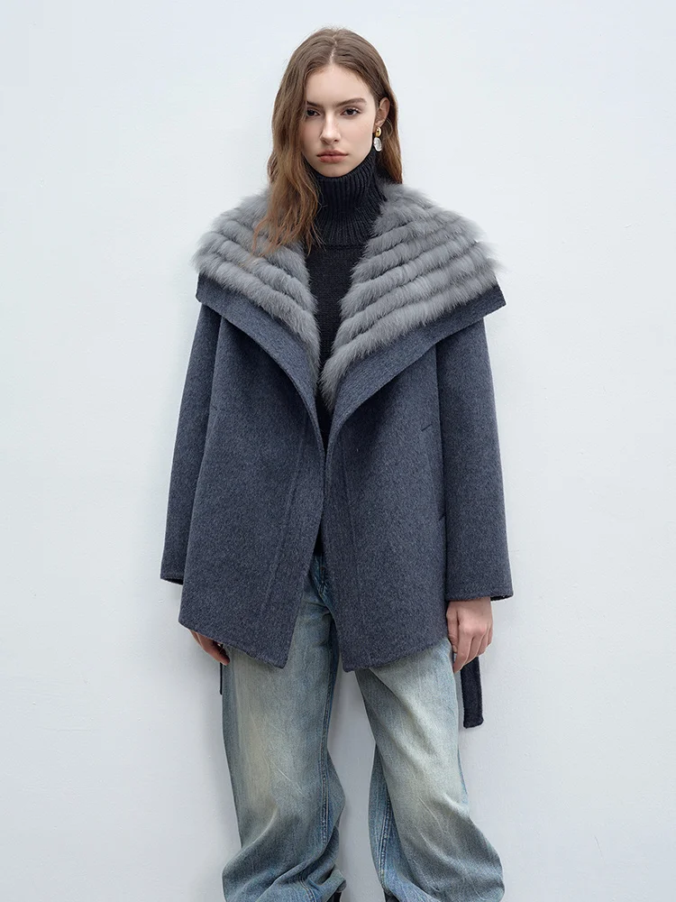 2025 Cappotto invernale in vera pelliccia di volpe da donna Giacca in lana di cashmere con pelliccia naturale femminile Giacca di lusso in lana Capispalla