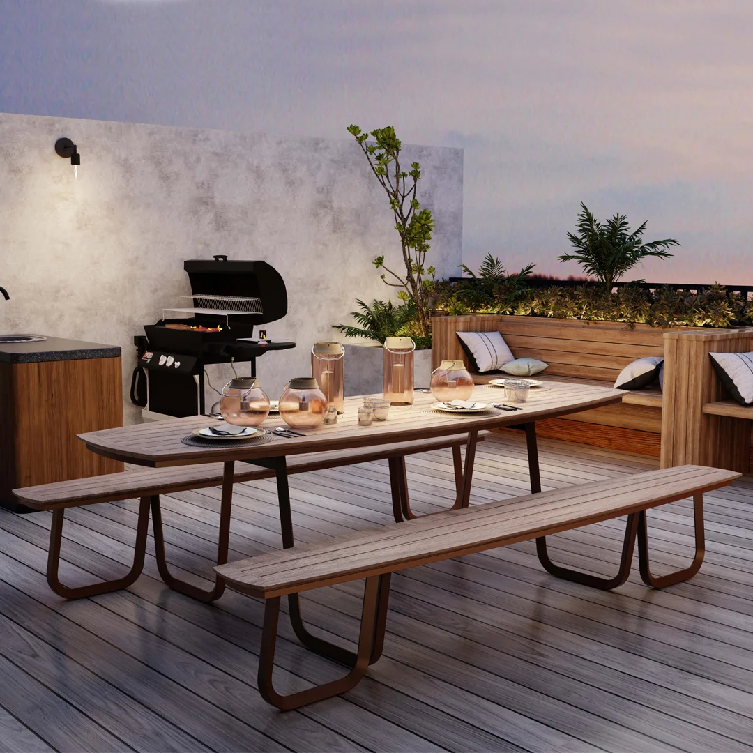 Stół ogrodowy prostokątny z aluminium i drewna tekowego na patio hotelowe, stół do jadalni z drewna tekowego.