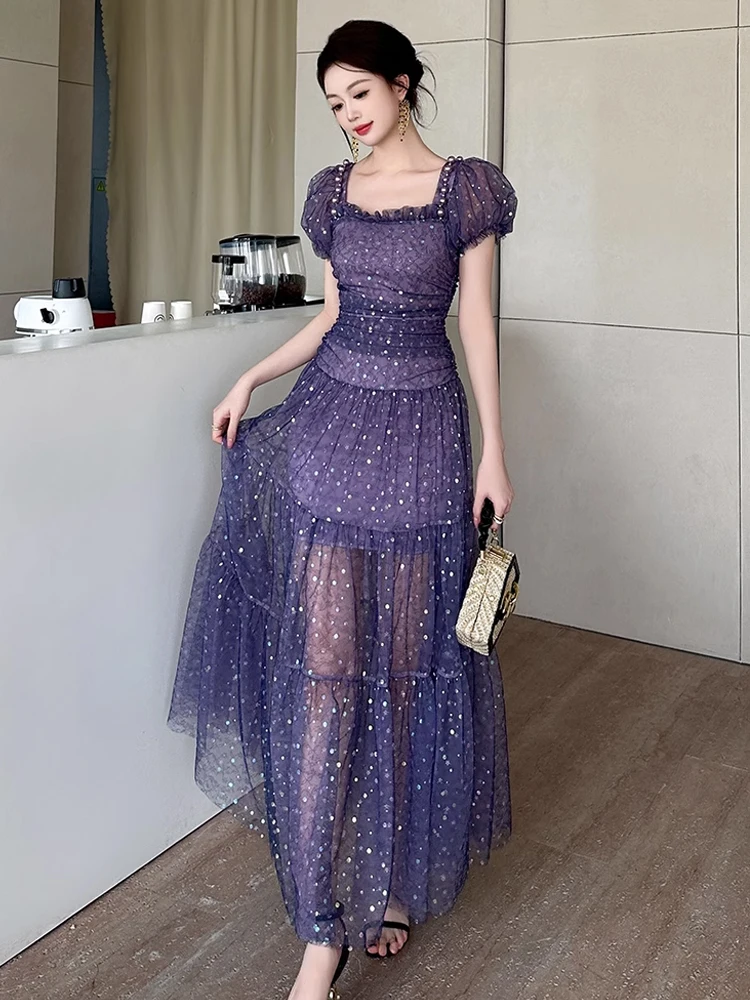 French Romance Evening Prom Dress Women Clothes Purple Mesh Bright Shiny Sheer Sexy Folds Maxi Robe Birthday Party Club Vestidos