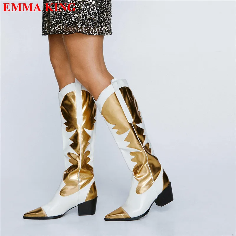 مختلط اللون حذاء بكعب سميك أحذية كاوبوي للنساء موضة أشار تو الانزلاق على حذاء برقبة للركبة الشتاء الخريف أحذية رعاة البقر الغربية