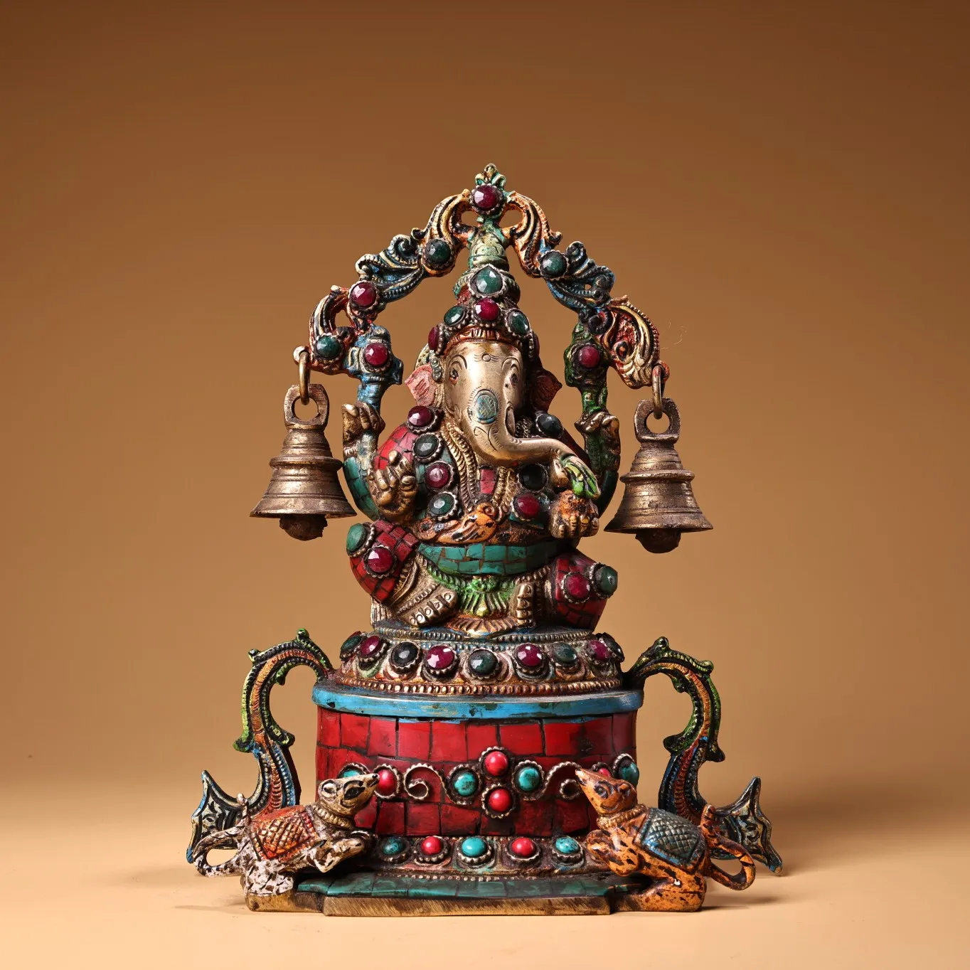 

8"Tibetan Temple Collection Old Bronze Outline in gold Mosaic Gem Turquoise Ganesha Buddha Terrace Buddha Bell Worship Hall