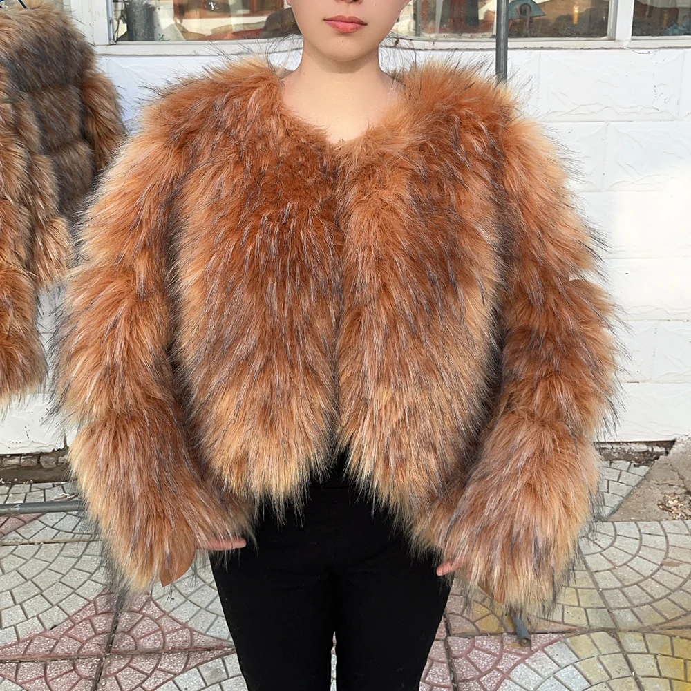 HOOOFUR Pelzmantel, Kunst-Damenjacke, Wintermode, warm, dick, Fuchs, Waschbär, Leder, Braun, Übergröße, besonders gefälschtes Fell, kalter Mantel