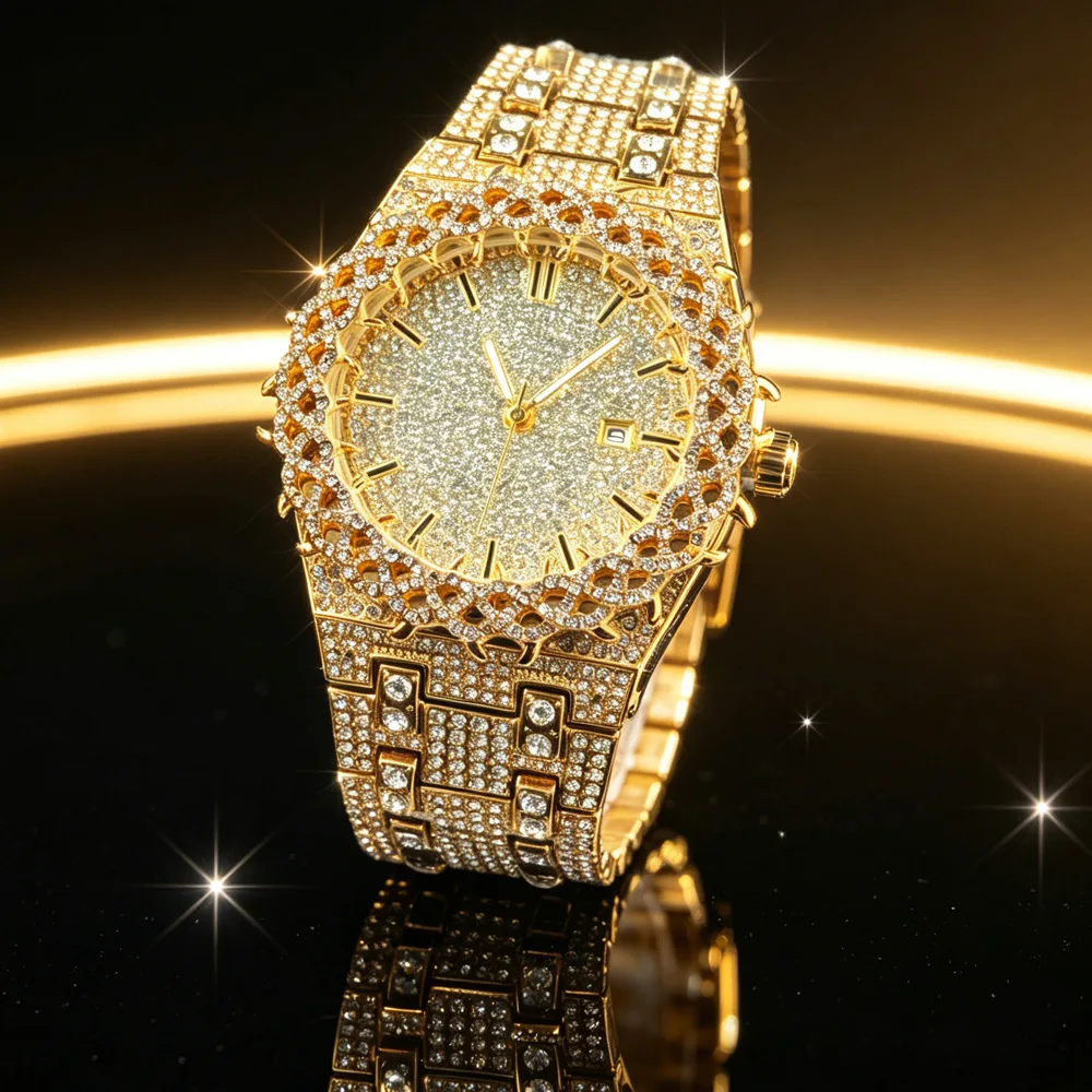 Thorns Design with Zirconia Iced Out Full Diamond Quartz Watch for Men Male Sliver Wristwatch Shaped Hip Hop Man Clock Reloj
