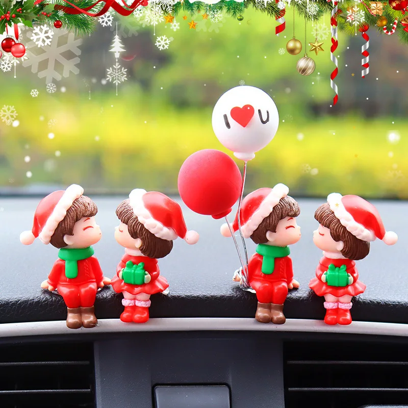 Christmas Couple Ornament Cute Kissing Lovers Figurine with Love Balloon Mini Statue Auto Interior Decor Holiday Desktop Gift