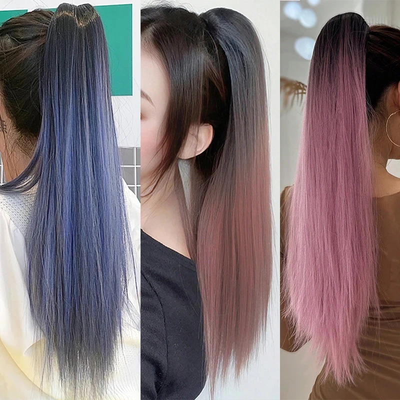 

A wig with a ponytail, featuring a natural, fluffy and fashionable gradient, long straight hair, high ponytail, and a faux braid