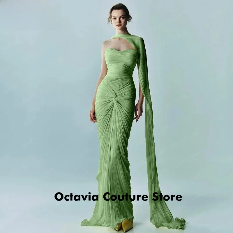 

New Customized Modern Green Mermaid Prom Gown Sweetheart Pleats Chiffon Party Dresses with Cape Floor-Length Evening Gown
