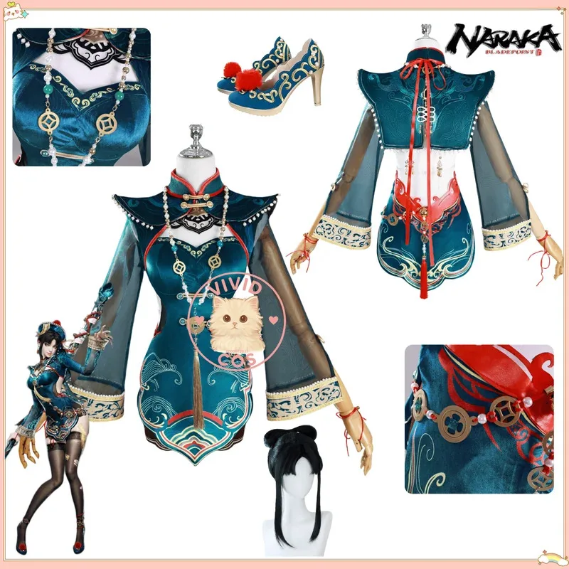

Game Naraka: Bladepoint Tessa Cosplay Role Play Anime Costume Sexy Dark Green Cheongsam Dress for Women Comic Con Suit Wig Shoes
