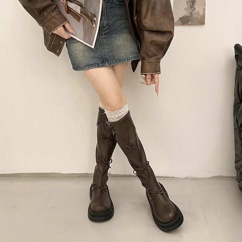 Winter Thick Sole Woman Short Plush High Boot Fashion Butterfly-knot Back Zippers Shoes Women's Slim Knight Long Booties