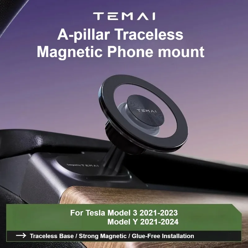 A-Pillar Magnetic Floating Phone Holder for Old Tesla Model 3 Model Y, No‑Residue Car Navigation Phone Mount Bracket,