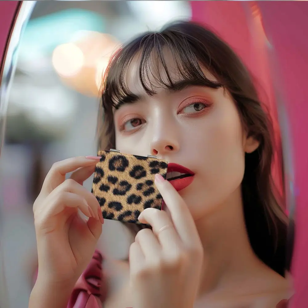 1pc Leopard Print Texture Makeup Mirror, Compact and Portable Folding Small Mirror, Travel Makeup Mirror, Plastic Frame Outside