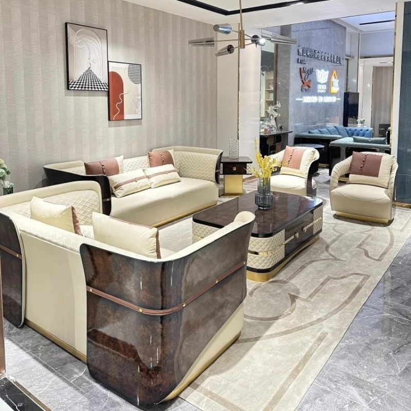

Light luxury villa living room leather sofa combination Italian postmodern large flat-floor mansion high-end home
