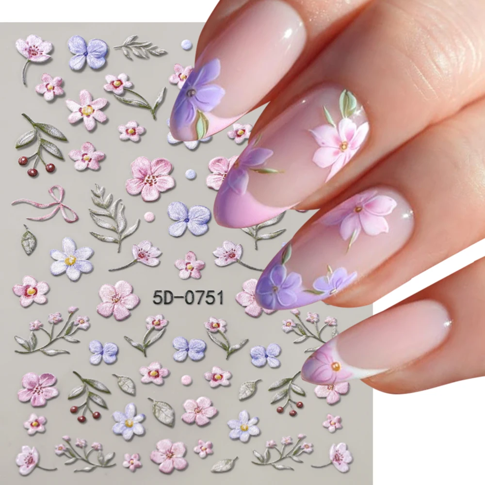 1 unidad de pegatinas elegantes 5D para uñas con diseño de flores de jardín de Monet, calcomanías de hojas y flores de iris japonica y melocotón en tonos morado y rosa, decoraciones DIY para manicura.