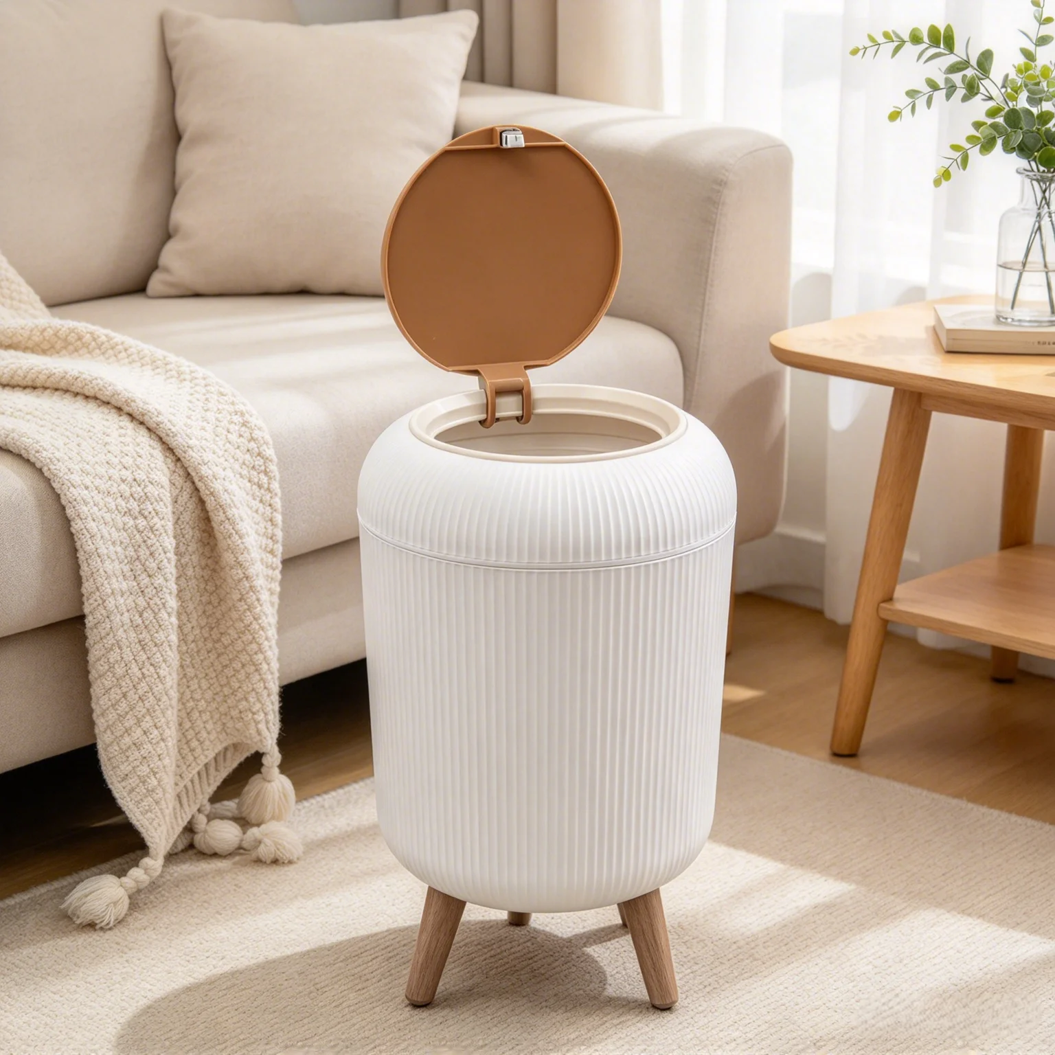 Nordic Vertical Ribbed Press‑Top Lidded Waste Bin with Detachable Elevated Legs, Decorative Marble‑Trim Garbage Can for Bathroom Bedroom Living Room Home