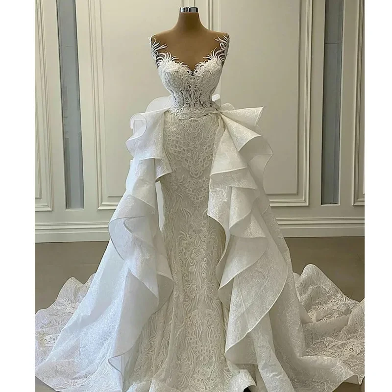 Robe De mariée sirène personnalisée, manches cape, avec des Appliques en dentelle, boutons d'illusion, robe De mariée d'église