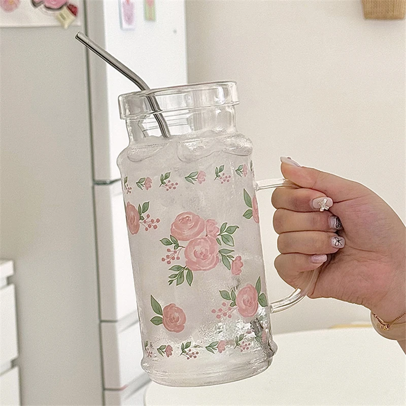 French Style Glass Suction Tube Cup Elegant Pink Rose Large Capacity Juice Drink Cup Girl Outdoor Office Cold Summer Drinks Cup