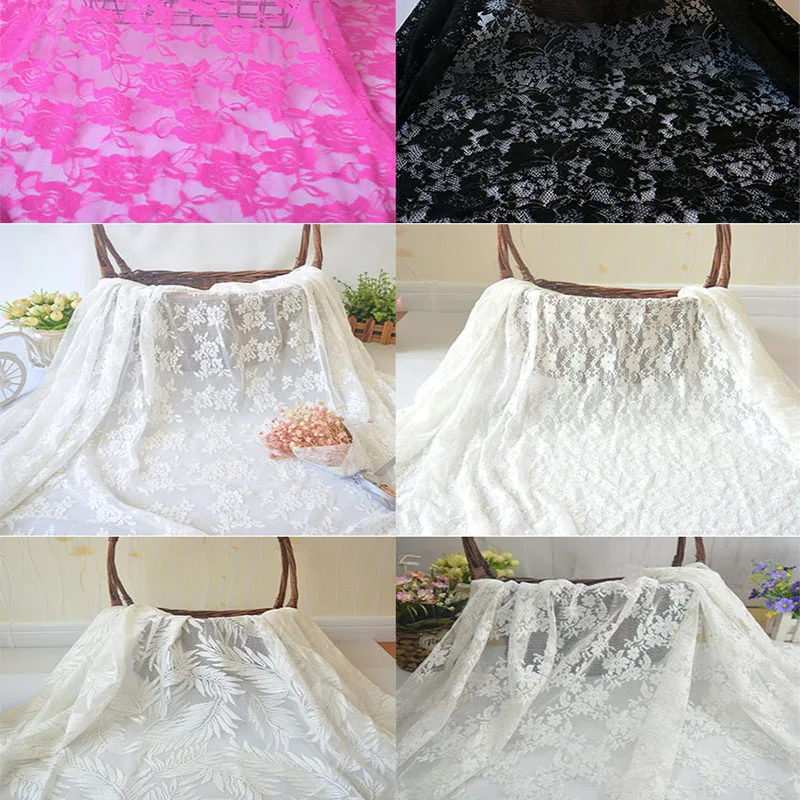 100cmX150cm White lace fabric by the meter for wedding dress Skirt curtain sewing Tulle Flower hollow Cloth Black red yellow