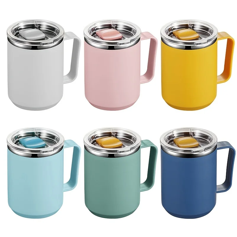 E 450ML Coffee Cup with Handle Lid Straw Insulated Cup Vacuum Stainless Steel Double Layer Large Capacity Portable Traveling