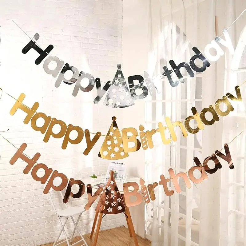 Happy Birthday Banner Letters Colorful Hat Garland Baby Shower Party Decorations Tissue Fringe Backdrop Set