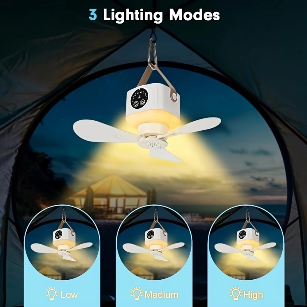 Portable Ceiling Fan with Light 3600/7200mAh 4 Speeds Timer USB Rechargeable Camping Fan with Remote Control Rooftop Tent Travel view 3