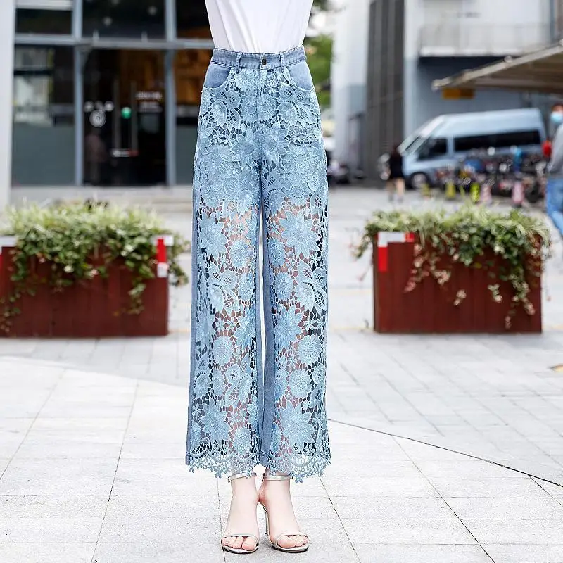 Women's Button Solid Color Zipper Lace Patchwork Hollow Out High Waisted Casual Trousers Spring Autumn Jeans Straight Pants