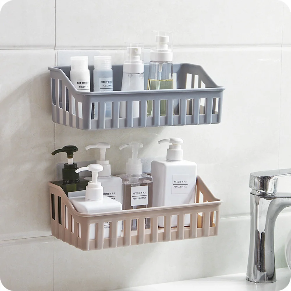 1PC Perforation-free And Trace-free Shelf In The Bathroom Plastic Wall-mounted Shelf In The Kitchen Storage Basket Multi-functio