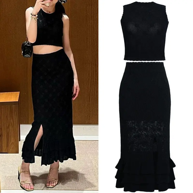 

High Quality Women's Summer 2025 Sleeveless Knitted Short Top And Midi Skirt Set Elegant Fashionable Two-Piece Ensemble