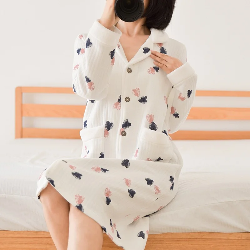 Three-Layer Thickened Warm Cardigan Mid-length Thickened Cotton Nightgown Autumn Winter Air Cotton Cartoon Home Wear