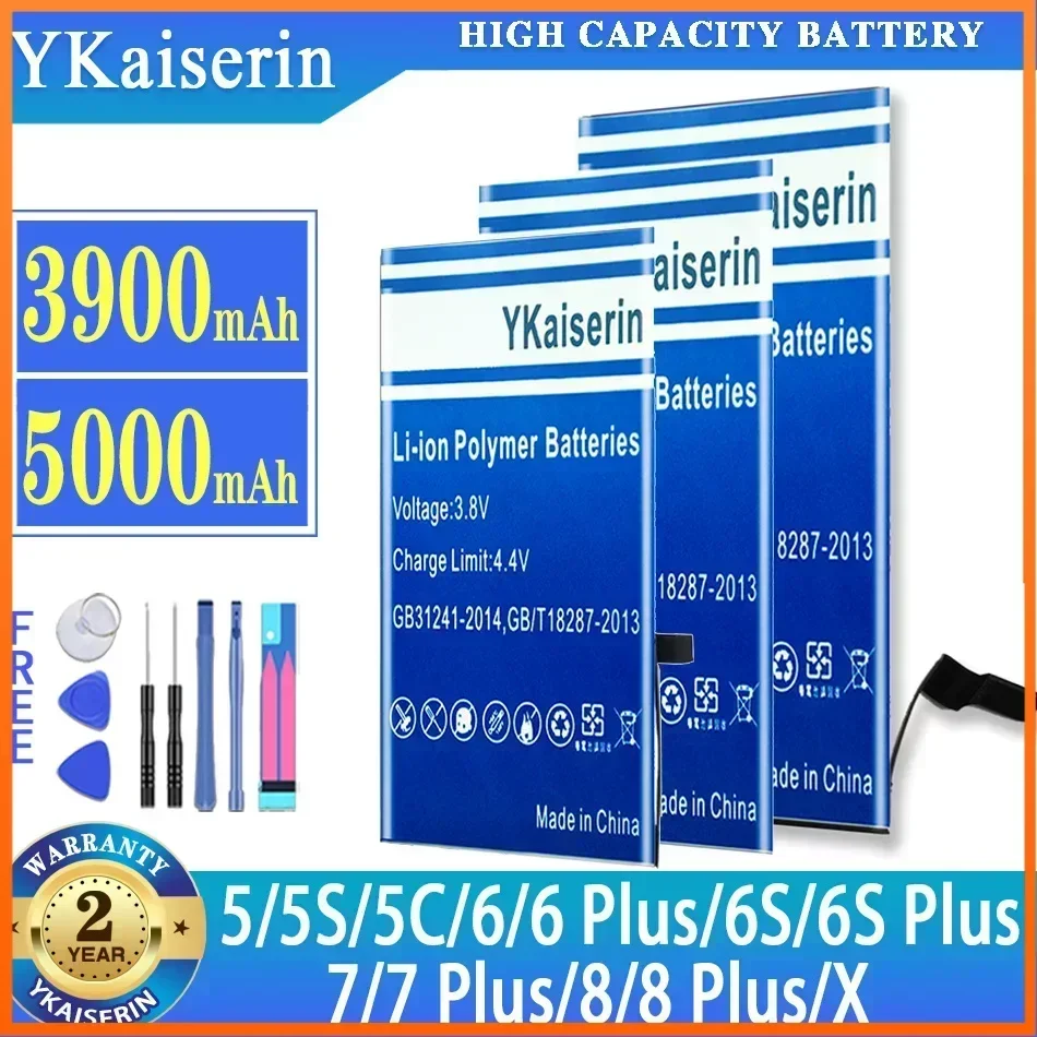 YKaiserin high quality Battery for iPhone 5 5S 5C (6 6S 7 8) Plus X 6Plus 6SPlus 7Plus 8Plus batteria + Free Tools