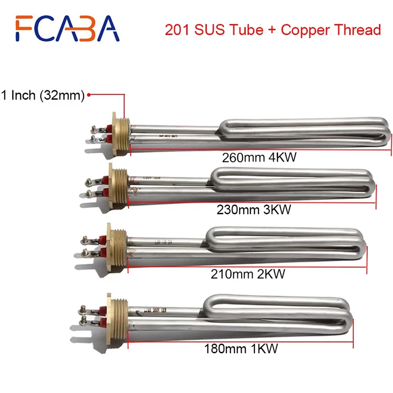 1 Inch BSP/DN25 Copper Thread Solar Water Heater Element 110V/220V/380V Electric Heating Tube with Probe Hole 1KW/2KW/3KW/4KW