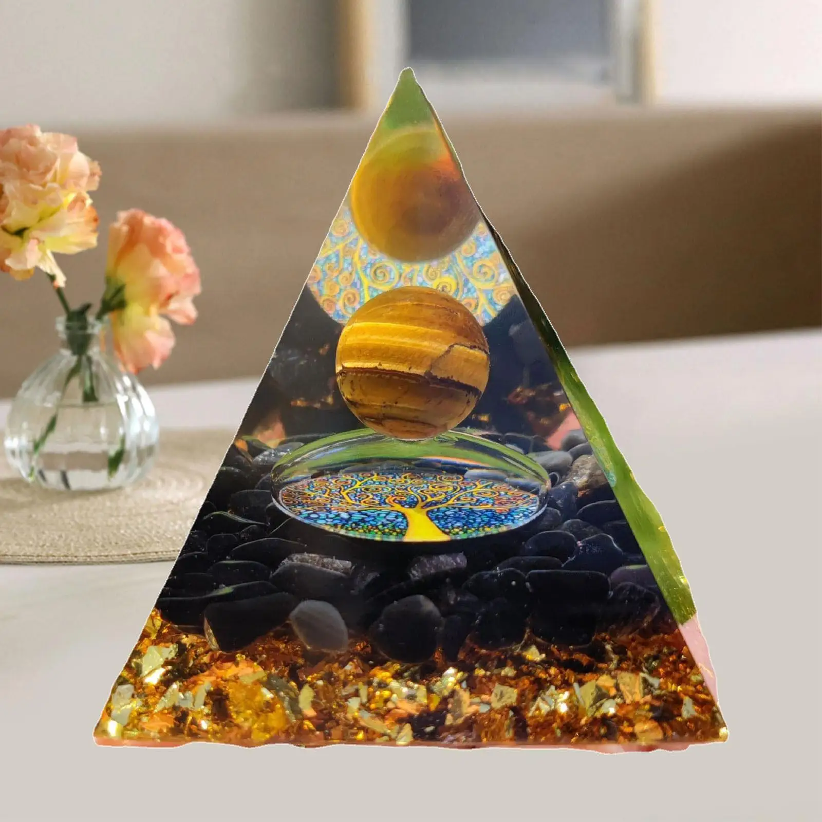 Pyramid Resin Crafts Artistic Crystal Chip Ornaments Home Office Feng Shui Gift for Holiday Occasions