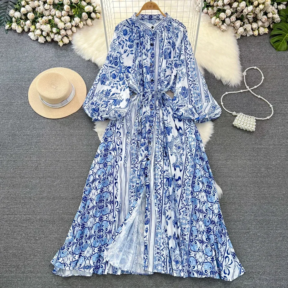 Retro Elegant Sashes O Neck Single Breasted Print Dresses Long Lantern Sleeves A-line Casual High Waist Women Autumn Clothing