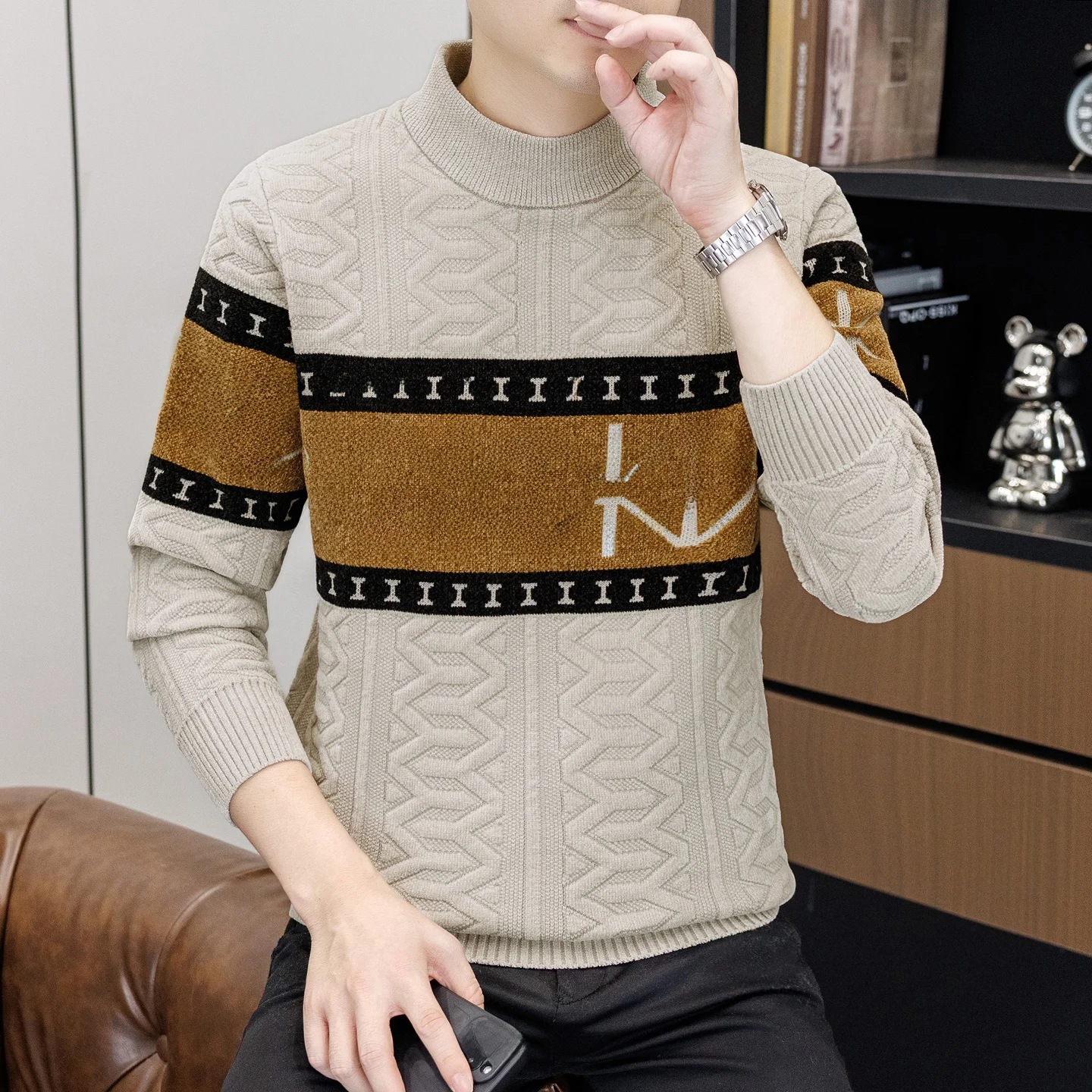 

Thiened f Свитер из витой вязки с высоким воротником, мужской осенне-зимний цвет Blo Collide, внутренняя одежда, вязаный свитер, теплый средний цвет...