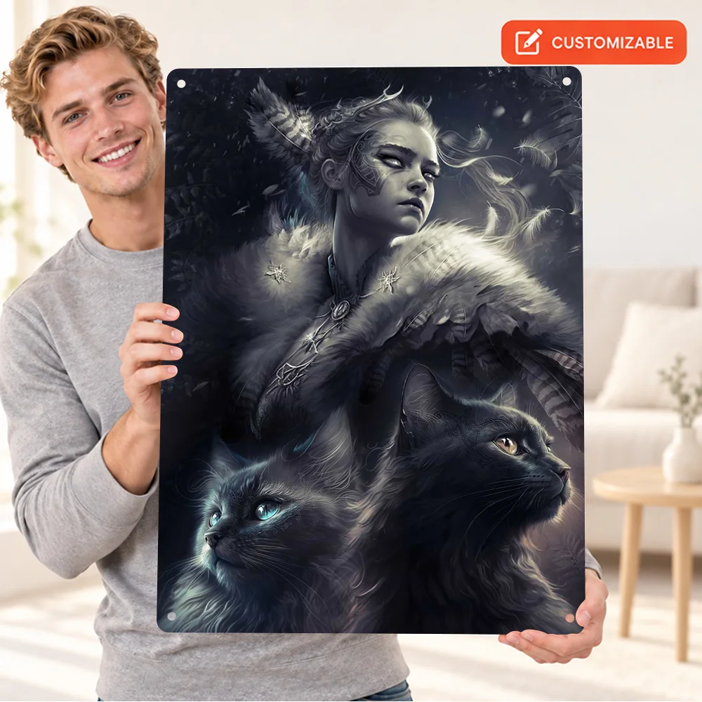 Freyja And Two Cats Textured Metal Poster Personalized Aluminum Sign Color Photography Wall Art For Bedroom Fantasy Lover Gift